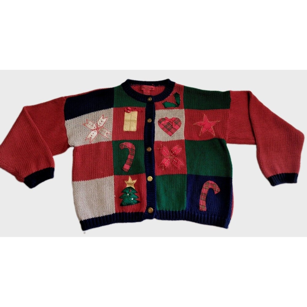 Vintage One Step Up Christmas Red Cárdigan Knit Sweater Button up Size L